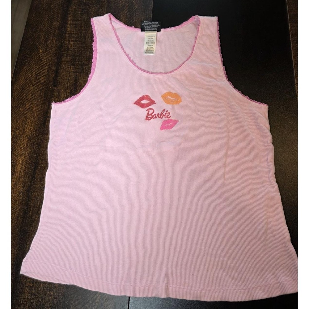 Vintage Barbie Tank Top Light Baby Pink Ribbed Sleep Shirt Lipstick Kiss XL 2005